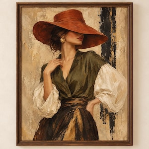 May include: A framed oil painting depicting a figure wearing a wide-brimmed rust-coloured hat, a dark olive green blouse with voluminous white sleeves, and a dark skirt with gold accents. The background features textured beige and black brushstrokes.
