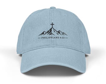 Mountain Cross with Philippians 4:13 Hat | Embroidered Denim Baseball Cap