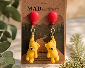 Red Balloon Bear Dangle Earrings | Whimsical Teddy Bear Jewelry