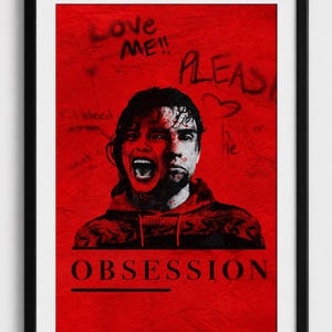 Puede incluir: Un póster enmarcado que presenta un retrato dividido de una persona con una expresión de grito sobre un fondo rojo vibrante. El texto "Love ME!!", "PLEASE" y "OBSESSION" está impreso en negro, junto a un corazón dibujado a mano y garabatos.