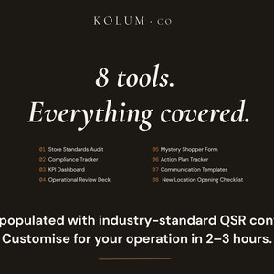 May include: A black digital graphic with white text reading KOLUM.CO, 8 tools. Everything covered. The list includes Store Standards Audit, Compliance Tracker, KPI Dashboard, Operational Review Deck, Mystery Shopper Form, Action Plan Tracker, Communication Templates, and New Location Opening Checklist. Bottom text reads Pre-populated with industry-standard QSR content. Customise for your operation in 2-3 hours.