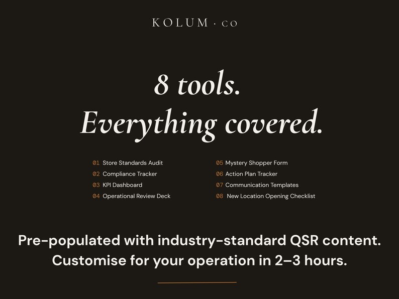 May include: A black digital graphic with white text reading KOLUM.CO, 8 tools. Everything covered. The list includes Store Standards Audit, Compliance Tracker, KPI Dashboard, Operational Review Deck, Mystery Shopper Form, Action Plan Tracker, Communication Templates, and New Location Opening Checklist. Bottom text reads Pre-populated with industry-standard QSR content. Customise for your operation in 2-3 hours.