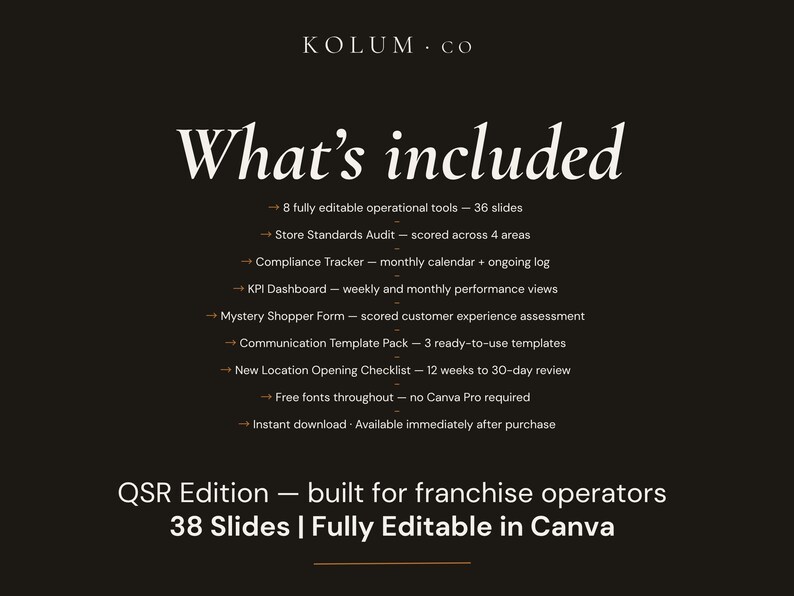 May include: A black digital document titled What's included from KOLUM.CO listing 8 editable operational tools, a store standards audit, compliance tracker, KPI dashboard, mystery shopper form, communication templates, and a new location checklist.