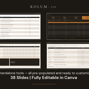 May include: A digital template set featuring four distinct spreadsheet-style layouts with text fields and tables. The design uses a dark background with beige and black accents. The text KOLUM.CO, 8 standalone tools, and 38 Slides | Fully Editable in Canva appear.