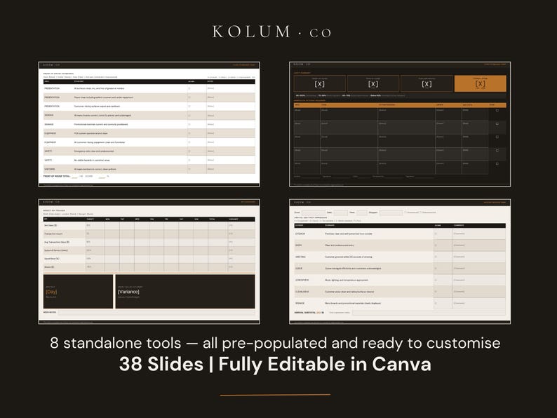 May include: A digital template set featuring four distinct spreadsheet-style layouts with text fields and tables. The design uses a dark background with beige and black accents. The text KOLUM.CO, 8 standalone tools, and 38 Slides | Fully Editable in Canva appear.