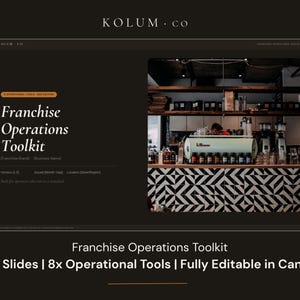 May include: A digital Franchise Operations Toolkit template featuring 38 slides and 8 operational tools, fully editable in Canva. The design includes a dark background with white text, a coffee shop interior image, and the title Franchise Operations Toolkit.