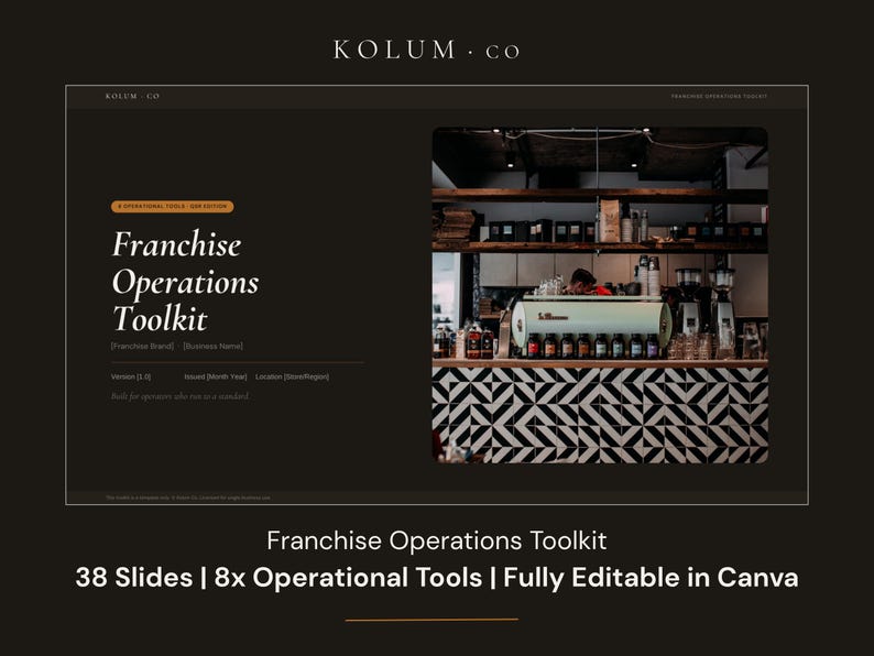May include: A digital Franchise Operations Toolkit template featuring 38 slides and 8 operational tools, fully editable in Canva. The design includes a dark background with white text, a coffee shop interior image, and the title Franchise Operations Toolkit.