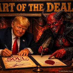 May include: A digital illustration featuring a man in a navy suit and red tie signing a document labeled SOUL next to a red-skinned horned demon in a black cloak. A sign above reads ART OF THE DEAL, with candles and a skull on the desk surface.