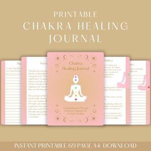 Könnte beinhalten: Ein rosa-weißes, druckbares Chakra-Heilungsjournal mit einem Thema für eine geführte Reise. Das Cover zeigt eine meditierende Figur mit Chakrasymbolen. Das Journal enthält den Text "Printable Chakra Healing Journal" und "Instant Printable 69 Page A4 Download".