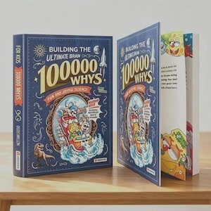 May include: A hardback book titled Building the Ultimate Brain 100000 Whys Fun and Joyful Science with a dark blue cover featuring a cartoon illustration of characters in a roller coaster, a dinosaur, and a rocket ship, plus an open interior page.