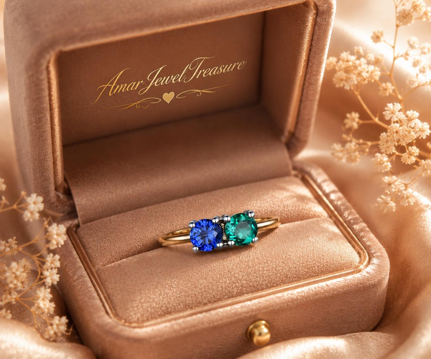 Vintage Sapphire Emerald Engagement Ring, Dainty Two Stone Gold Ring,…