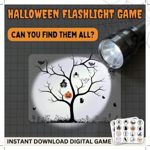 Puede incluir: Un juego de linterna de Halloween con una silueta de árbol negro sobre fondo blanco y varios iconos espeluznantes. El texto dice HALLOWEEN FLASHLIGHT GAME, CAN YOU FIND THEM ALL? e INSTANT DOWNLOAD DIGITAL GAME. Una linterna ilumina el árbol.