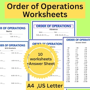 May include: A collection of Order of Operations worksheets featuring math problems with brackets and basic equations. The set includes 10 worksheets and an answer sheet, available in A4 and US Letter sizes, presented with blue borders on white paper.