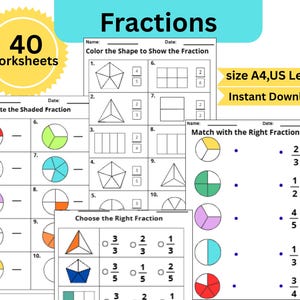 Può includere: Una raccolta di 40 schede didattiche intitolate Fractions, con esercizi per colorare forme, scrivere frazioni ombreggiate, abbinare frazioni e scegliere la frazione corretta. Disponibili nei formati A4 e US Letter per il download.
