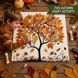 May include: A square canvas featuring a black tree silhouette decorated with various orange, yellow, and red autumn leaves. The text FUN AUTUMN CRAFT ACTIVITY is printed in the corner. Craft supplies including glue sticks, tweezers, and a glue gun are present.