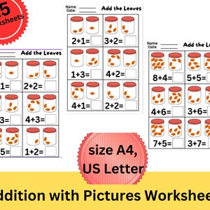 May include: A set of 15 addition worksheets titled Add the Leaves, featuring illustrations of jars with orange leaves and math equations. The pages are available in A4 and US Letter sizes, designed for basic arithmetic practice with visual aids.