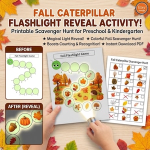 Peut inclure: Un ensemble d'activité imprimable Fall Caterpillar Flashlight Reveal comprenant une feuille de jeu avec une chenille verte, une liste de chasse au trésor avec des icônes d'automne et un exemple avant-après montrant la révélation d'images.