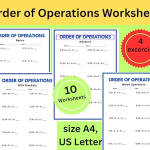 May include: A collection of math worksheets titled "Order of Operations Worksheet". The worksheets are in blue and white, with titles like "Basics", "Advance", "With Brackets", and "Mixed Operations". The image also includes a red circle with the number "4" and the word "excercise".