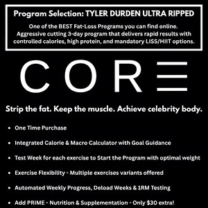 May include: A black digital graphic with white text titled Program Selection: TYLER DURDEN ULTRA R RIPPED. It lists features including a 3-day cutting program, a calorie and macro calculator, exercise flexibility, and automated weekly progress tracking.