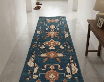 Tappeto runner Oushak annodato a mano 3x10, tappeto runner in lana blu per corridoio, tappeto runner turco vintage, tappeto Oushak boho, tappeto orientale fatto a mano per ingresso