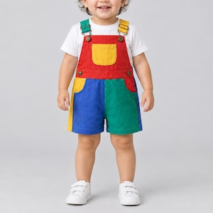 May include: A white short-sleeved t-shirt worn under colourful overalls. The overalls feature a red bib with a yellow front pocket, blue and green shorts, and yellow shoulder straps with metal buckles. The outfit is paired with white trainers.