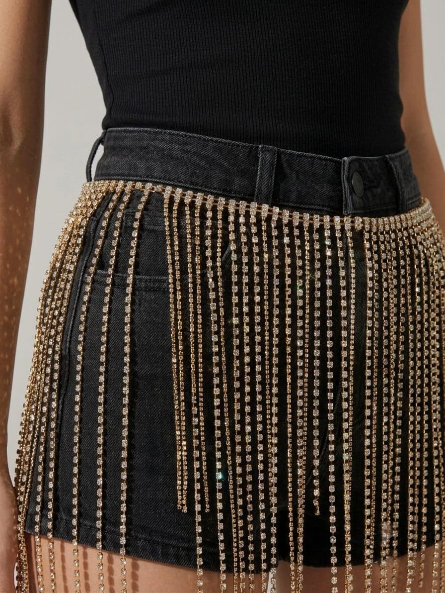 Rhinestone Fringe Skirt Belt, Crystal Tassel Body Chain, Festival Rave Outfit, Glittering Overlay