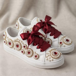 Customized Pearl Ruby Embellished Sneakers, Bride Statement Shoes, Burgundy Silk Laces