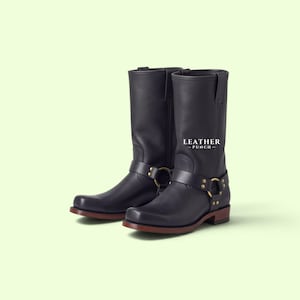 Handgefertigte Herren-Stiefel mit eckiger Spitze, Designer-Schuhe aus schwarzem Leder, hohe Schlupfschuhe, individuelle Biker-Ausrüstung