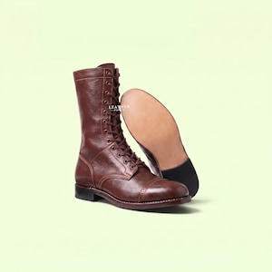 Handcrafted Brown Pebbled Leather Boots, Tall Officer Style Footwear, Lace Up Field Gear, Custom Artisan Heritage Shoes, Men's High Leg