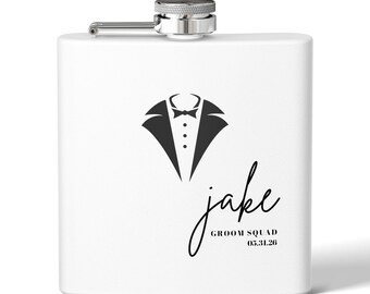 Personalized Gift Tuxedo Name Flask | Groomsmen Best Man 6oz Stainless Steel Wedding Gift for Him