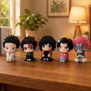 Puede incluir: Cinco figuras de estilo anime con ojos grandes y atuendos detallados est&aacute;n dispuestas sobre una superficie de madera. Las figuras tienen varios colores de cabello, incluyendo negro, marr&oacute;n y rosa, y visten trajes coloridos. Las figuras miden aproximadamente 10 cm de alto.