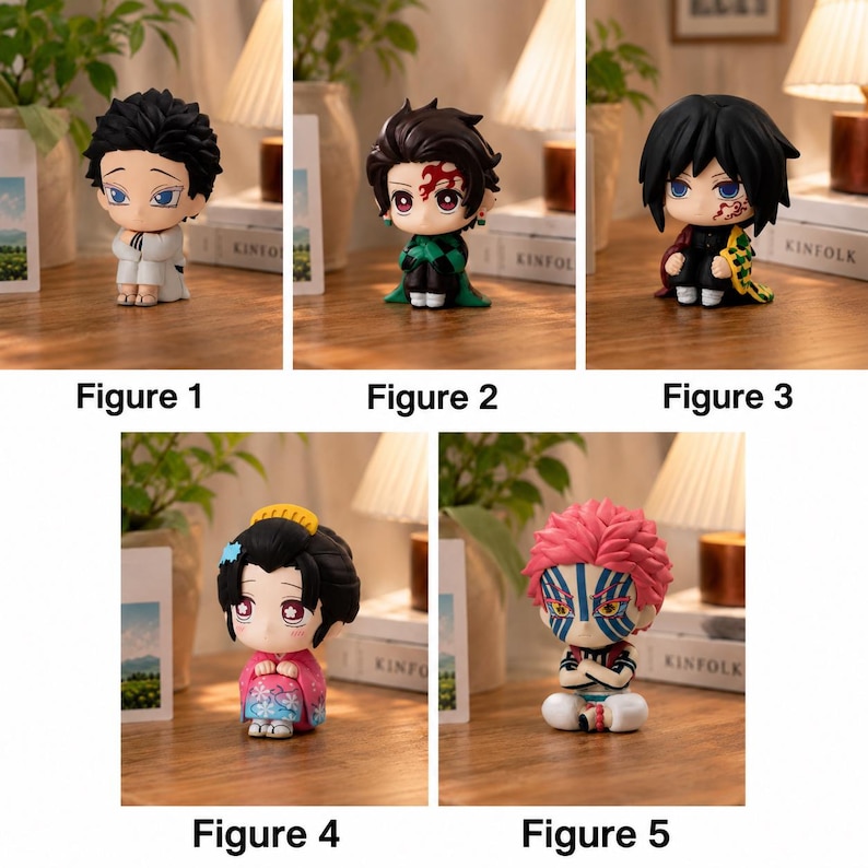 Puede incluir: Se muestran cinco peque&ntilde;as figuras de personajes de anime. La figura 1 es un personaje con un atuendo blanco. La figura 2 es un personaje con un atuendo verde. La figura 3 es un personaje con un atuendo negro y rojo. La figura 4 es un personaje con un atuendo rosa. La figura 5 es un personaje con cabello rosado.