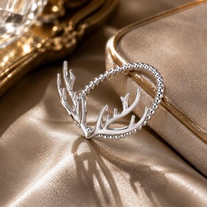 Deer Antler Ring, Minimalist Nature Inspired Ring, 925 Sterling Silver Gold Plated Open Ring, Woodland Jewelry Gift for Her