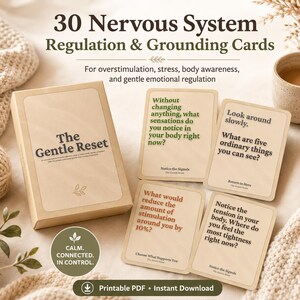 May include: A set of 30 Nervous System Regulation & Grounding Cards titled The Gentle Reset. The box and cards are beige with dark text. Four cards are displayed, featuring prompts like Look around slowly and Notice the tension in your body.