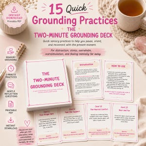 以下が含まれることがあります： ピンクの文字が白いカードに印刷された「The Two-Minute Grounding Deck」というタイトルのカードデッキ。セットには、導入カード、使用方法カード、および「The Nearest Comfort」や「Near and Far」などのタイトルと番号が付けられた複数の練習用カードが含まれています。