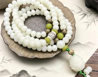 Natural white bodhi root 108-bead rosary, 3 pendant designs (lotus/lotus seed/root slice tassel necklace)