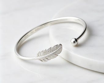 S925 Sterling Silver Feather Bangle Open Cuff Adjustable Bead End Minimalist Jewelry For Women Girls Daily Wear Gift