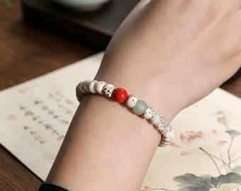 Natural Bodhi seed bracelet with barrel beads, adorned with red agate and green jade, unisex bracelet that can be stacked.