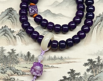 Natural Purple Bodhi Barrel Bead Bracelet, Cute Purple Kitty Pendant with White Jade Track Bead Zen Spiritual Worry Bracelet