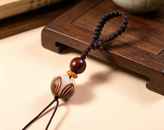 Bodhi seed bead keychain, hand-knotted lucky charm pendant, traditional floral carved bead wallet decoration