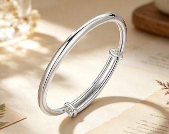 Minimalistische Schlichte S925 Sterling Silber Schiebeverstellbare Armreif Armband, Spiegel Polierte Massive Silber Manschette