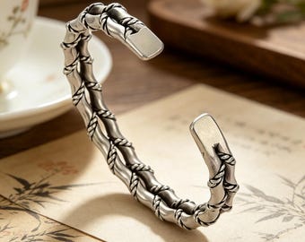 Handmade double-twisted bamboo-joint sterling silver bangle, vintage-style distressed 925 silver open bangle.