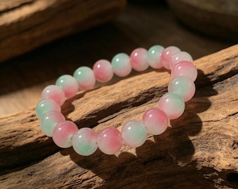 Retro Chinese style watermelon gradient quartz bracelet, semi-transparent pink and green round elastic beads, simple everyday jewelry.