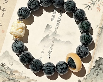 Natural Bodhi Seed Six Syllable Mantra Bracelet with Lion Head Charm & Rotating Track Bead, Gradient Dyed Bodhi Prayer Bead Worry Bracelet