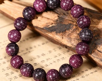 Natural violet bodhi root carved eternal swirl prayer bead bracelet, auspicious cloud pattern round prayer beads, unisex jewelry.