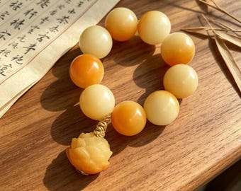 Gradient Bodhi Root Rosary Bracelet, Cute Wooden Buddha Cat Lotus Pendant, Car Rearview Mirror Decoration Gift