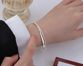 S925 Handcrafted Twisted Silver Bangle, Polished & Sandblast Two-Tone Design, Stackable Wrist Jewelry