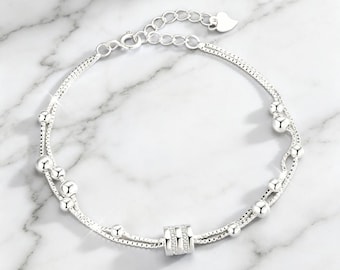 S925 Sterling Silver Double Layer Bracelet Round Bead Ring Charm Heart Tag Dainty Adjustable Chain Bracelet Women Fine Jewelry Gift