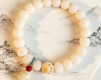 Lucky Bodhi Bead Bracelet, Adjustable Elastic Wristband, Cat Paw Decoration, Handmade Spiritual Jewelry