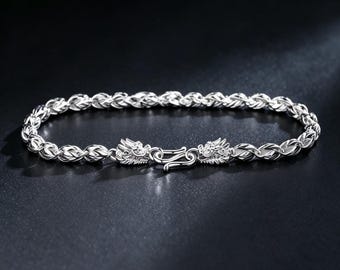 Vintage Double Dragon Silver Bracelet For Men Polished Cut Chain Link Retro Dragon Clasp Wrist Jewelry Punk Street Fashion Gift